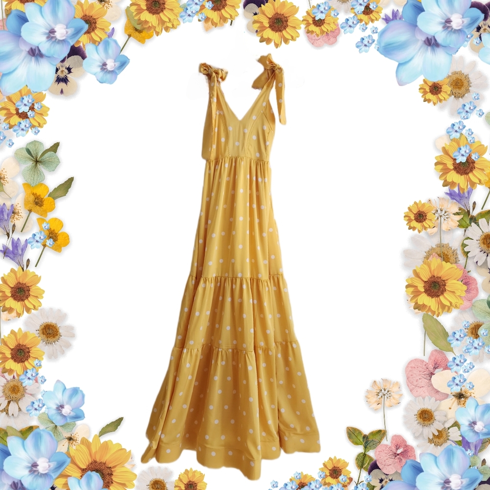 Long dress by Designer Liliana Meza, XS,  Yellow with White Dots